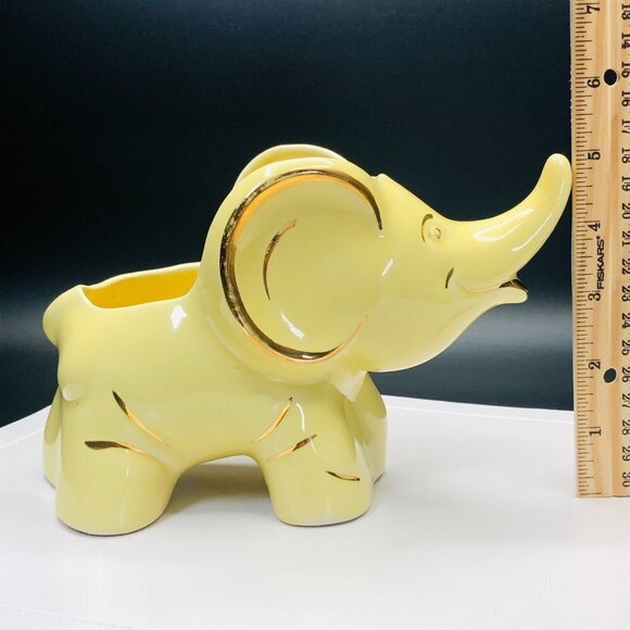 60s Kitsch Yellow Trunk Up Baby Elephant Ceramic Planter by PEARL China Co. - Picture 9 of 10